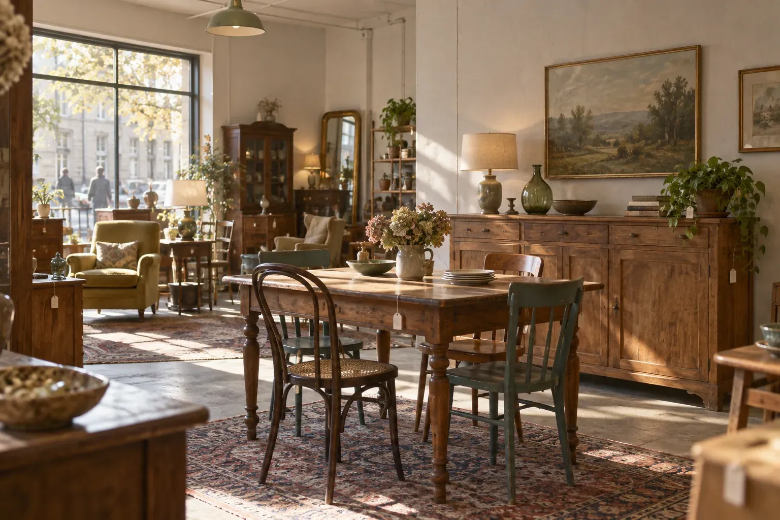 Buffet en bois, table et chaises dépareillées présentés en boutique