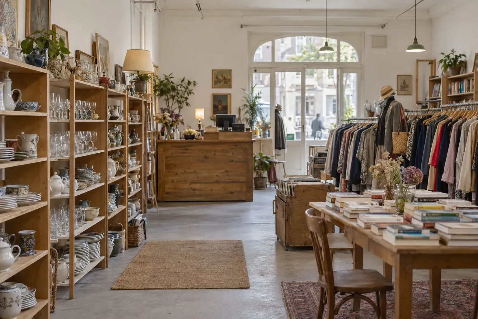 Rayons de vaisselle, portant de vêtements et table de livres dans une boutique solidaire