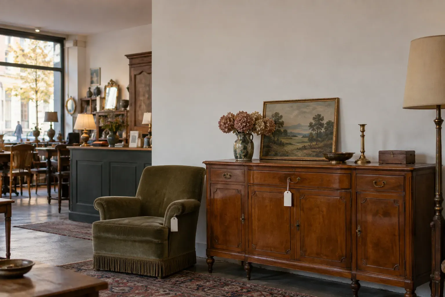 Buffet en bois et fauteuil présentés dans une boutique de dépôt-vente de meubles