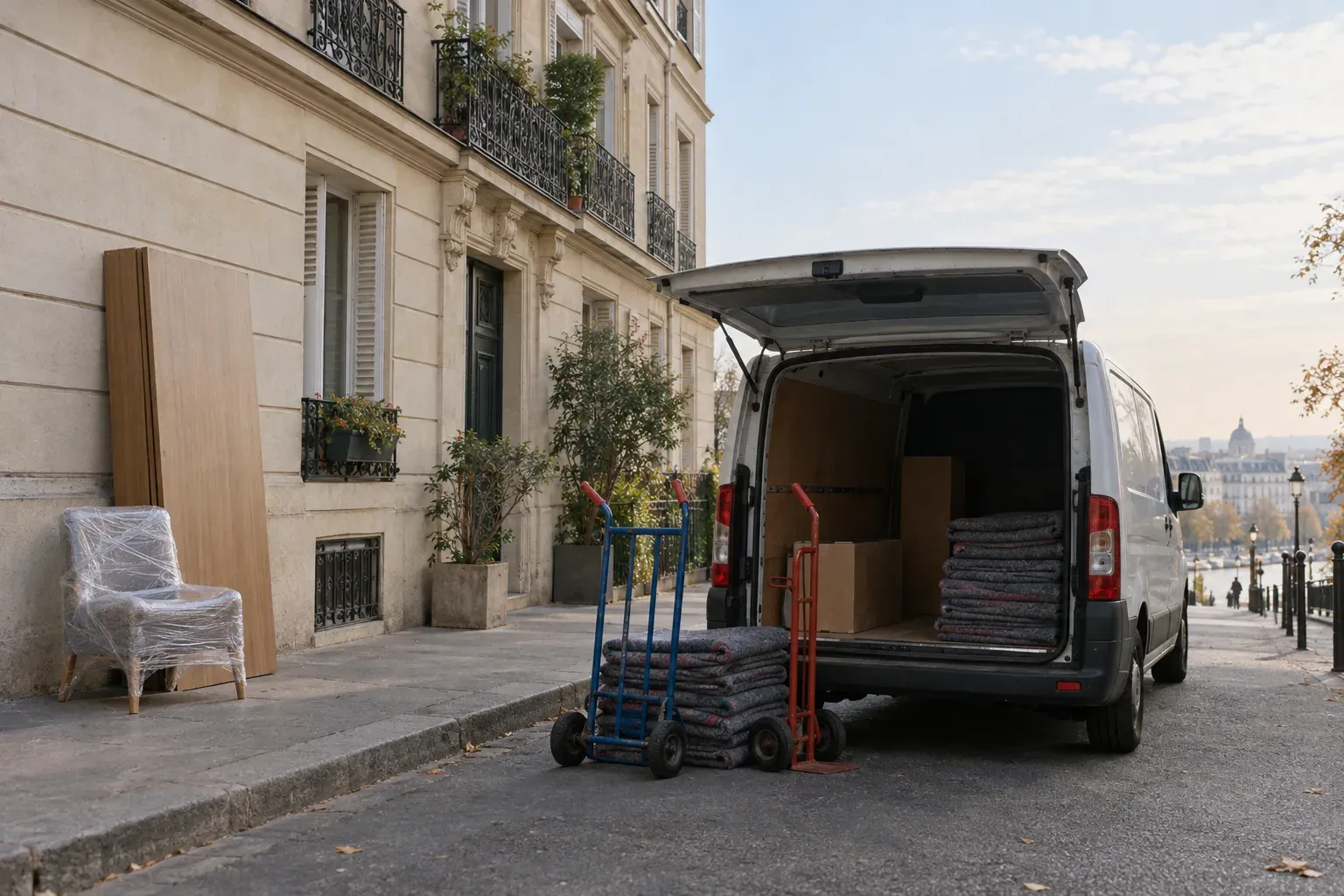Diables et couvertures de déménagement devant une camionnette ouverte
