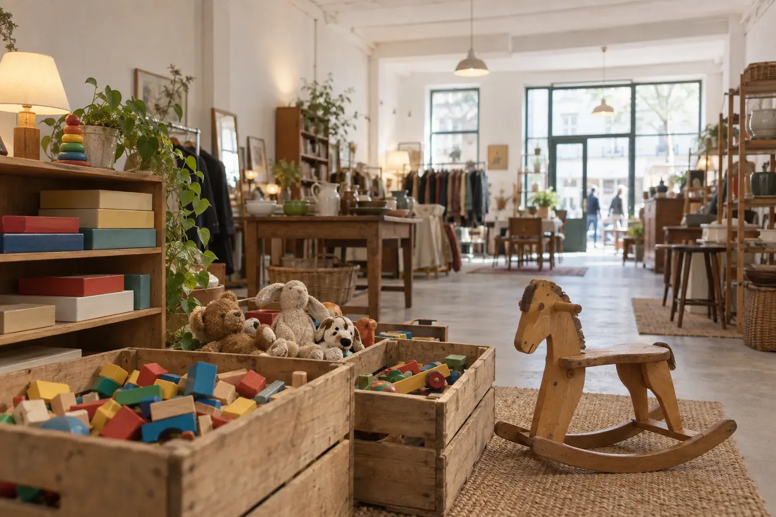 Cagettes de jouets d'occasion et boîtes de jeux de société dans une boutique