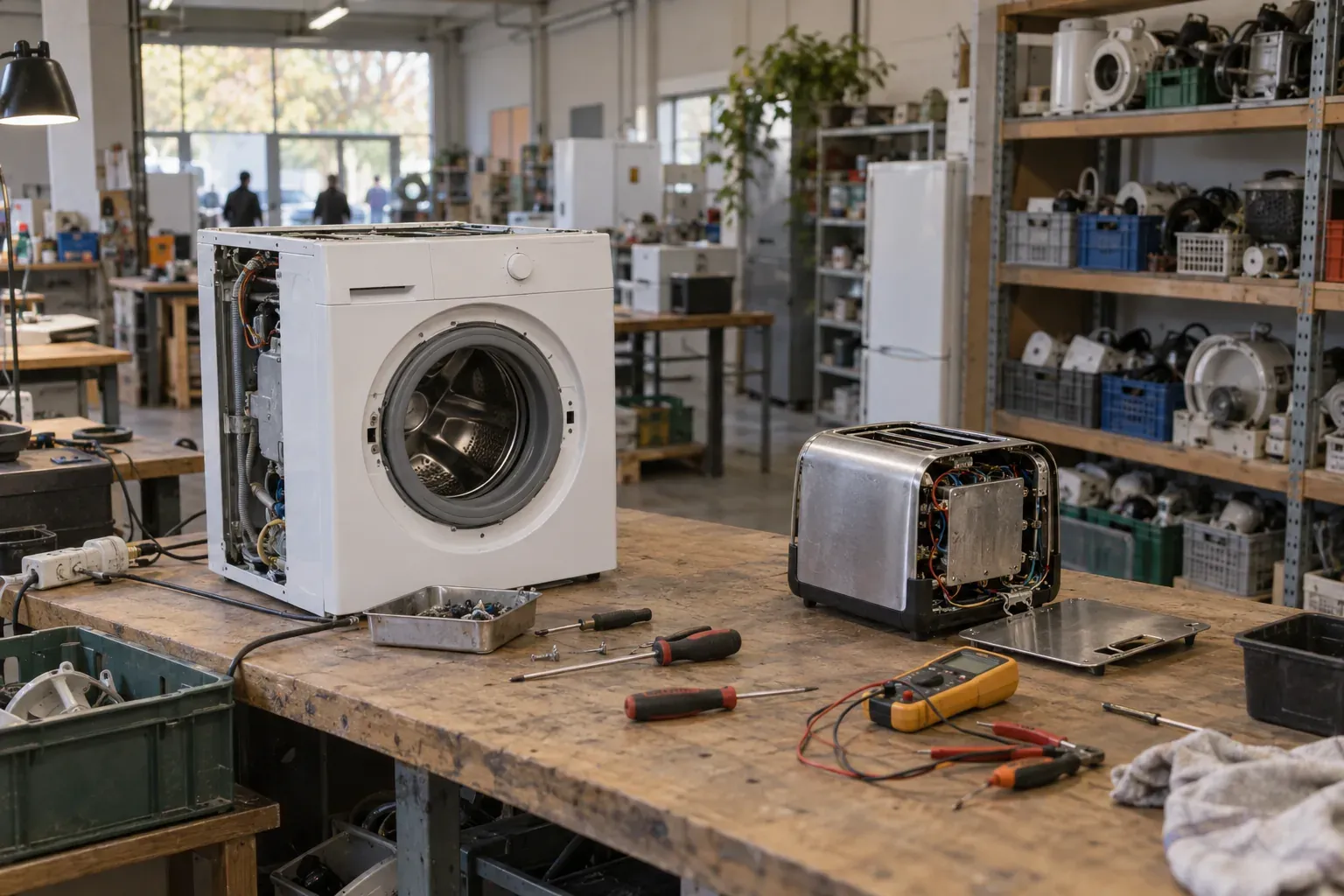 Petit électroménager ouvert sur un établi d'atelier, outils de test posés à côté