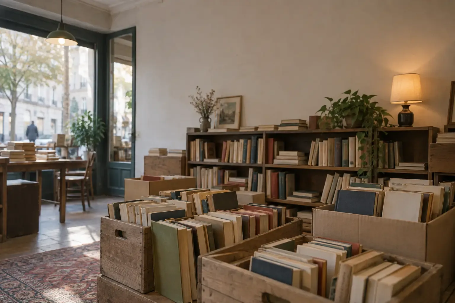 Cagettes et cartons de livres d'occasion posés au sol d'une boutique