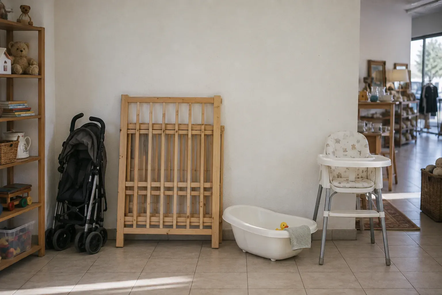 Poussette pliée, lit à barreaux et chaise haute alignés dans une boutique