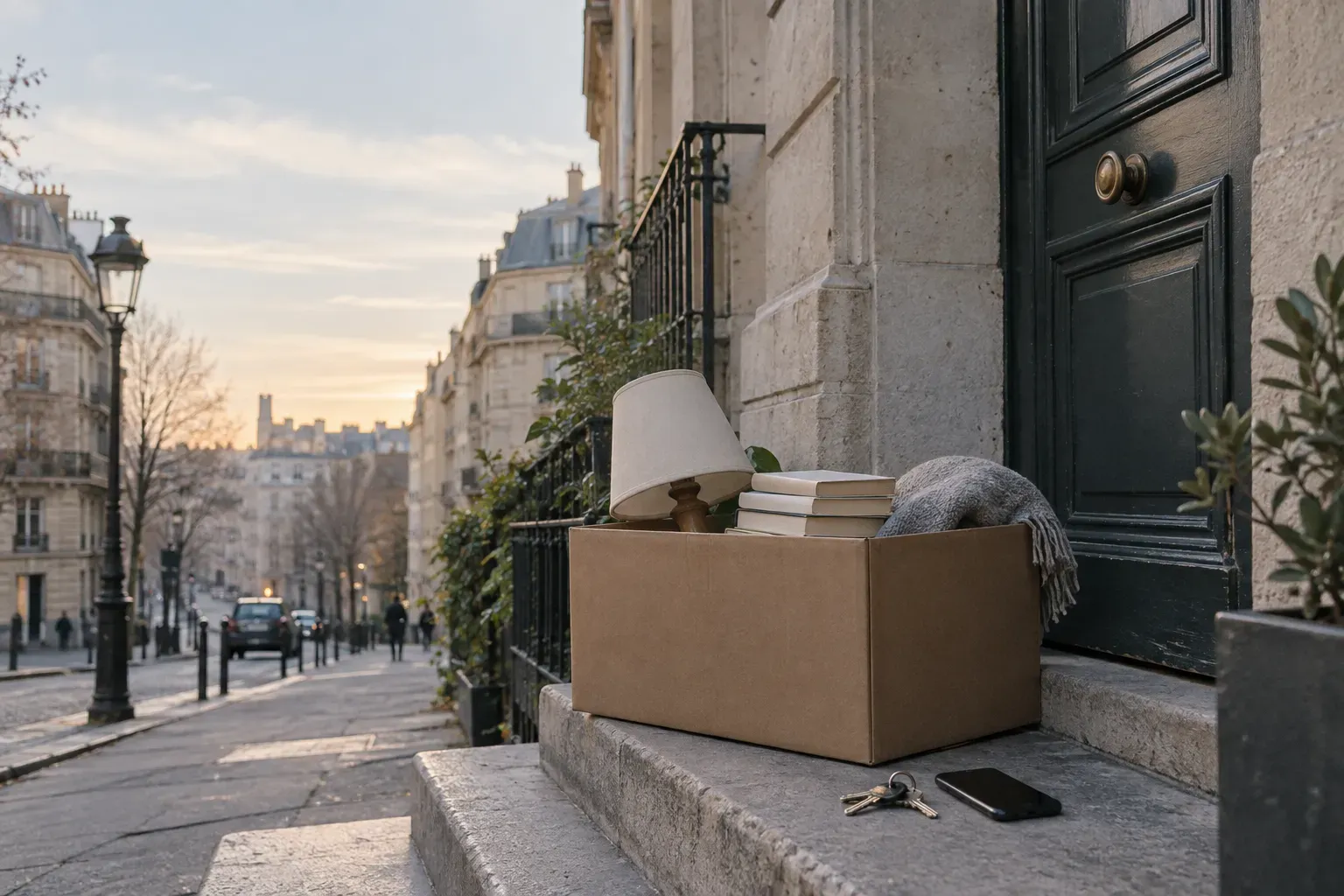 Carton d'objets de maison préparé sur le palier d'un immeuble pour un don