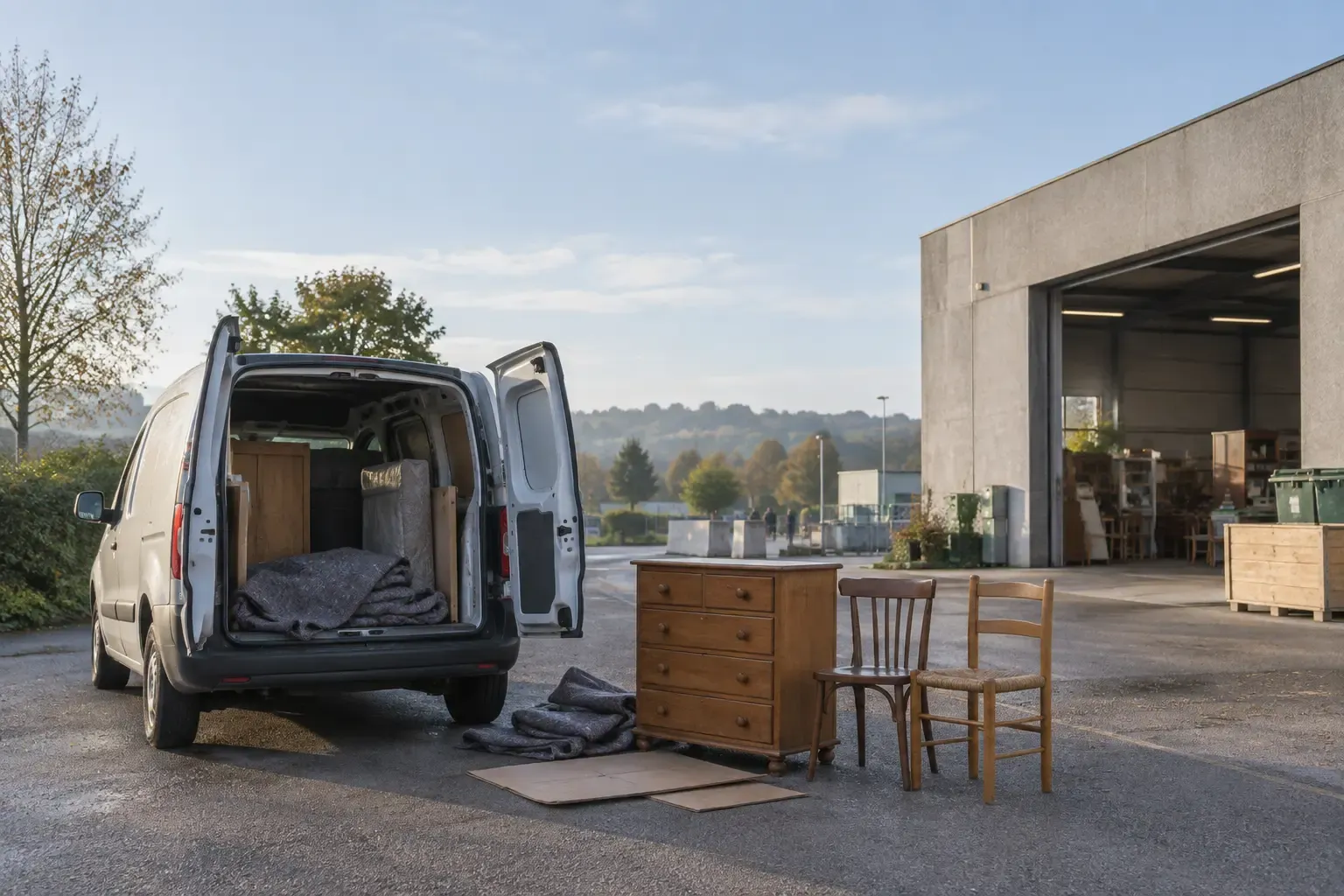 Commode et chaises posées devant l'arrière ouvert d'une camionnette