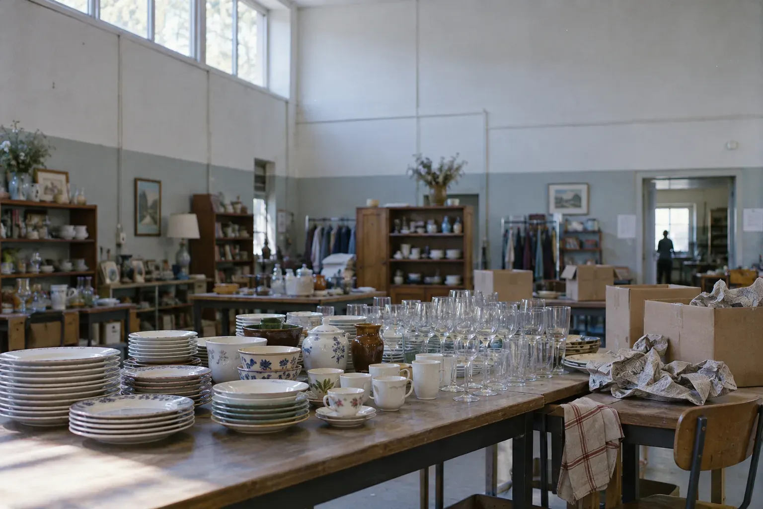 Tables de tri couvertes d'assiettes et de verres d'occasion