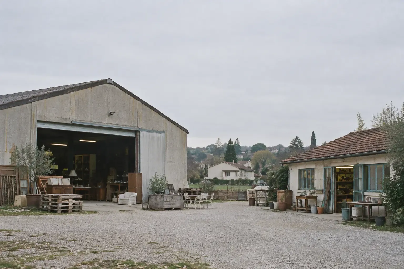 Un grand entrepôt de collecte et un petit atelier de quartier côte à côte