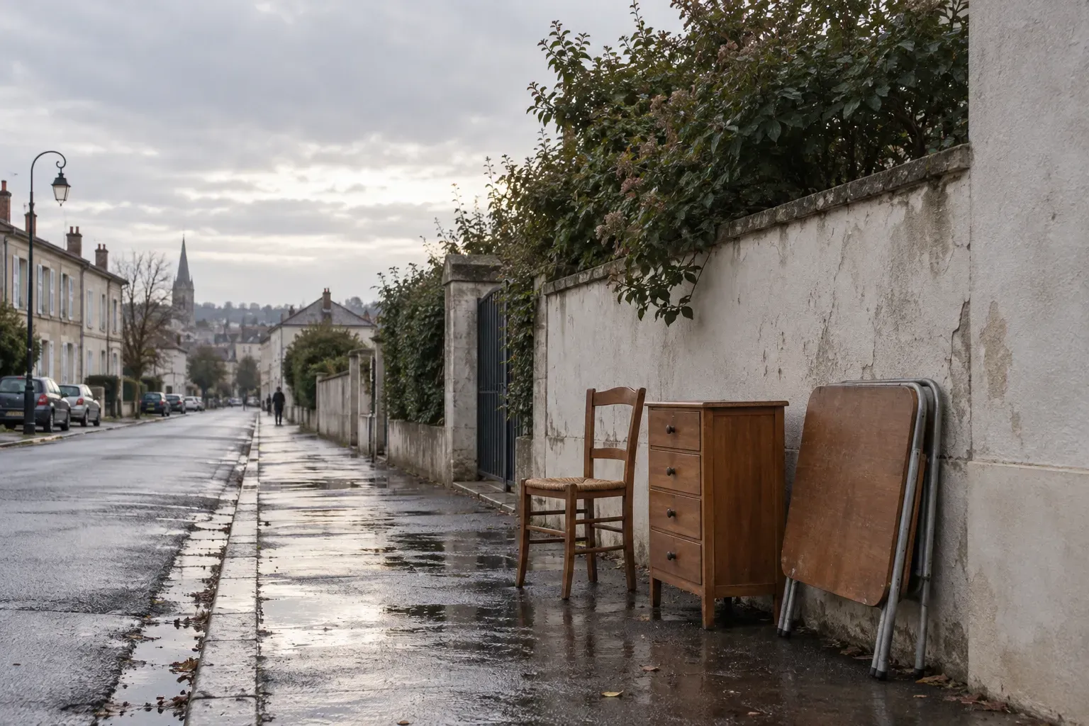 Chaise, commode et table pliante déposées sur un trottoir pour la collecte des encombrants