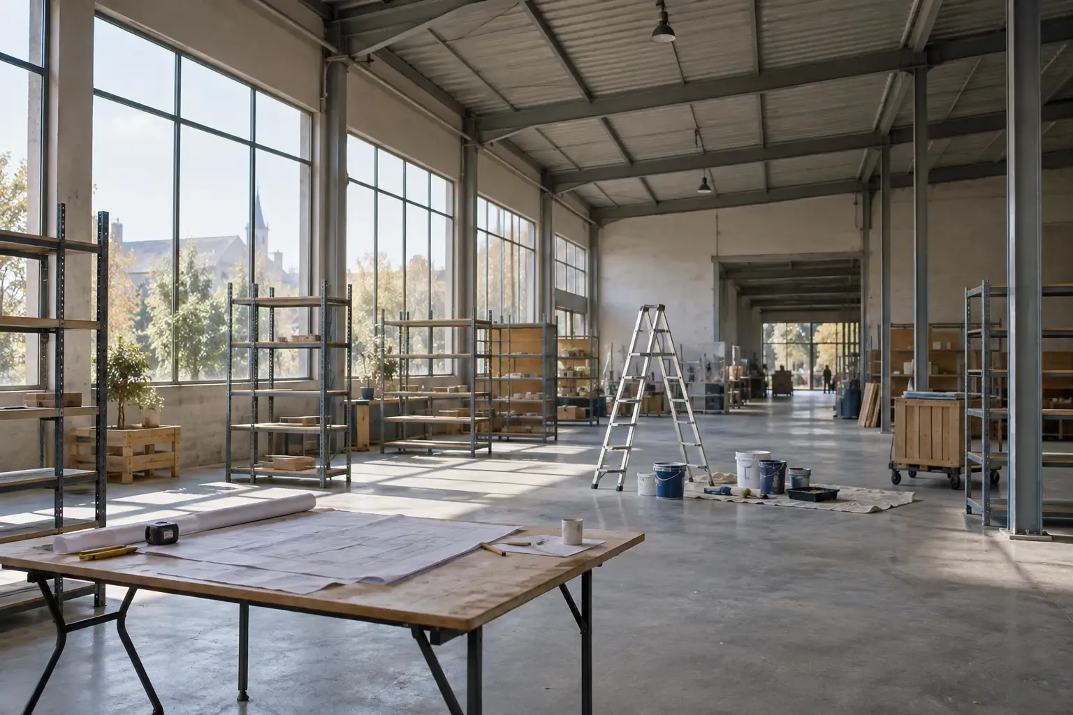 Hall industriel vide en cours d'aménagement en boutique de réemploi