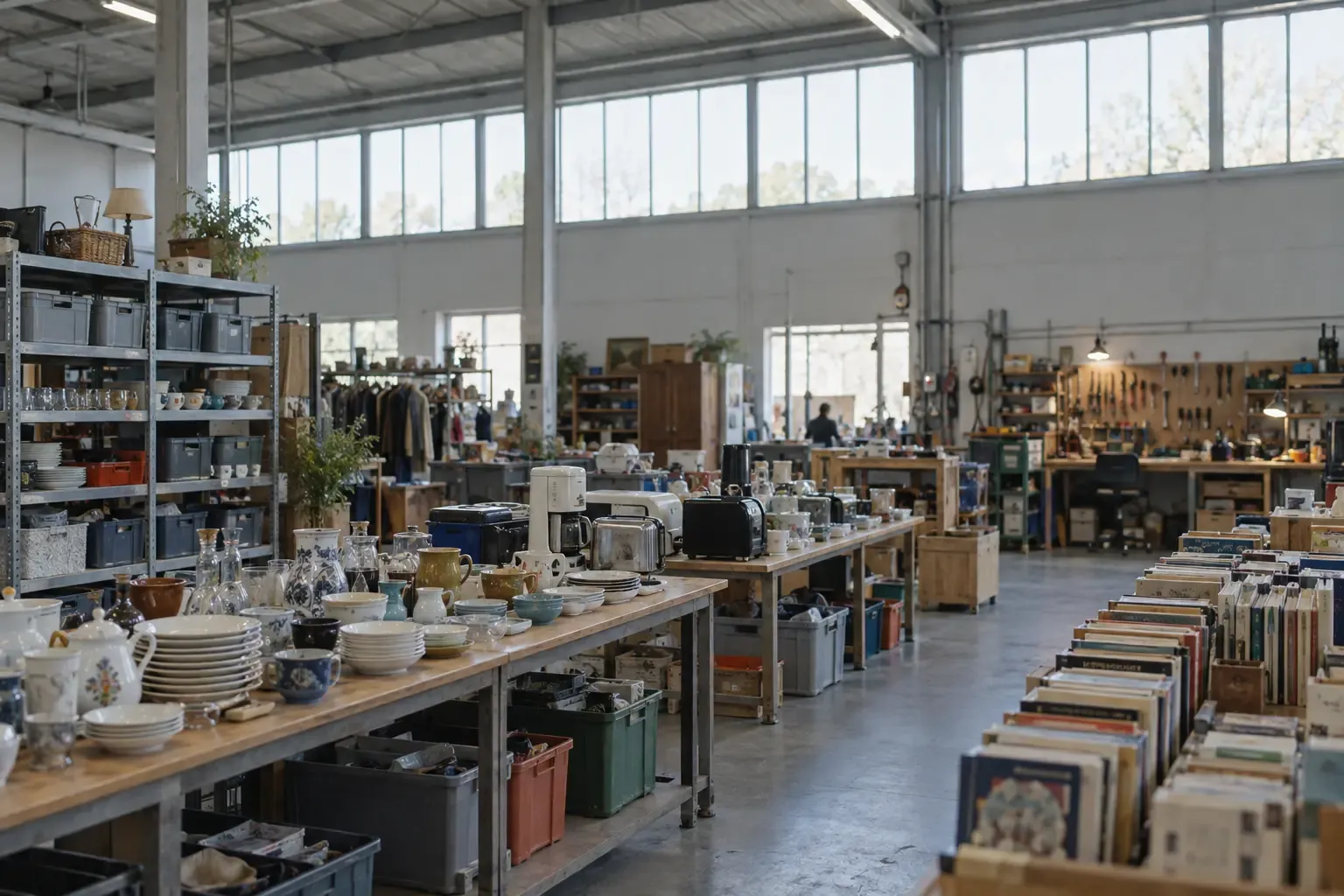Tables de tri couvertes de vaisselle, de petit électroménager et de livres