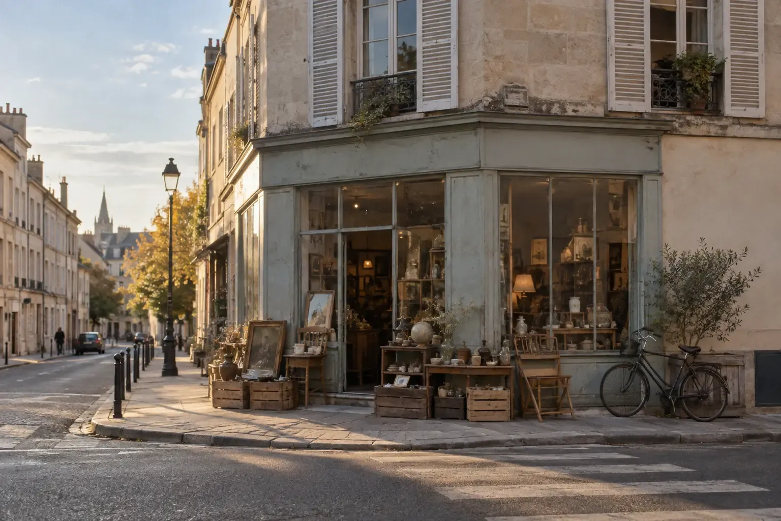 Devanture d'une petite boutique de seconde main dans une rue française