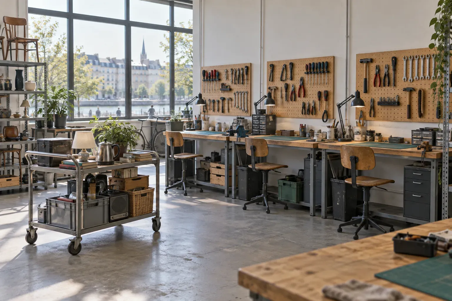 Postes de travail et outils rangés dans un atelier de préparation