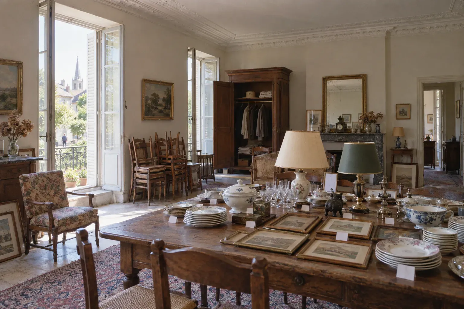 Table de salon couverte de vaisselle, de lampes et de cadres étiquetés pour un vide-maison