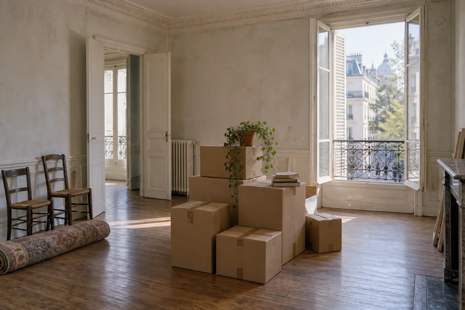 Cartons empilés et tapis roulé dans un appartement vidé