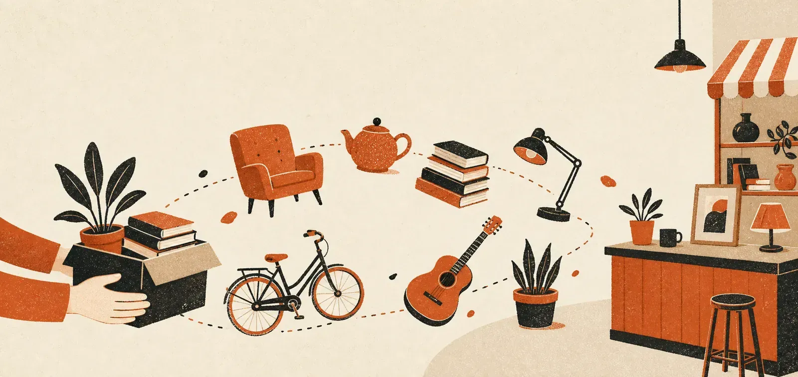 Illustration : des objets du quotidien circulent d'une main donneuse vers le comptoir d'une ressourcerie